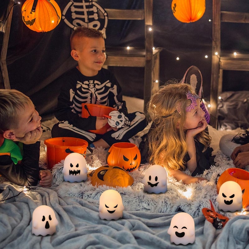 DRomance Halloween Ghost Lights Flameless Candles Battery Operated with Remote and Timer 6 Pack Spooky White LED Votive Candles Dimmable Light Halloween Indoor Decoration(2 x 2.4 Inches) - Image 4